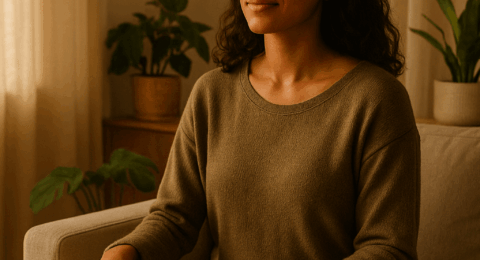 Femme assise calmement sur un canapé, les yeux fermés, entourée de lumière douce et de plantes, pratiquant le lâcher-prise et la détente pour prévenir le burnout.