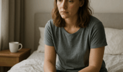 Femme assise sur le bord de son lit, regardant vers le bas, tasse sur la table de chevet, se demandant pourquoi elle est toujours fatiguée.