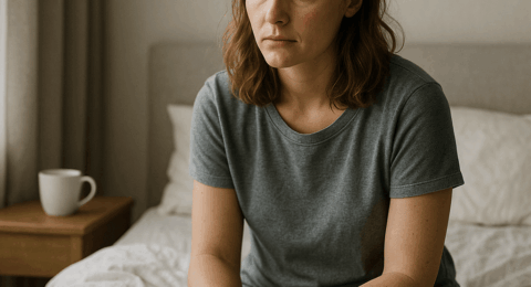 Femme assise sur le bord de son lit, regardant vers le bas, tasse sur la table de chevet, se demandant pourquoi elle est toujours fatiguée.