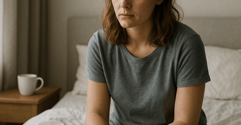 Femme assise sur le bord de son lit, regardant vers le bas, tasse sur la table de chevet, se demandant pourquoi elle est toujours fatiguée.