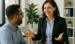 Manager échangeant avec un collaborateur dans un bureau lumineux avec une communication bienveillante