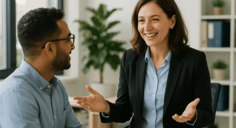 Manager échangeant avec un collaborateur dans un bureau lumineux avec une communication bienveillante