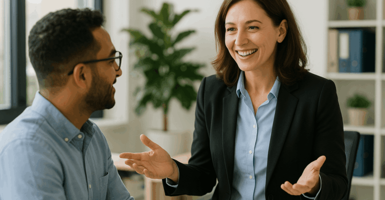 Manager échangeant avec un collaborateur dans un bureau lumineux avec une communication bienveillante