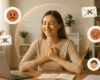 Femme assise à son bureau dans un bureau lumineux, protégée par une bulle symbolisant la gestion des émotions tandis que des icônes représentant colère et fatigue restent à l’extérieur.