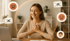Femme assise à son bureau dans un bureau lumineux, protégée par une bulle symbolisant la gestion des émotions tandis que des icônes représentant colère et fatigue restent à l’extérieur.