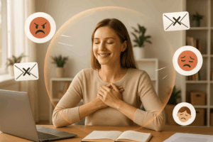 Femme assise à son bureau dans un bureau lumineux, protégée par une bulle symbolisant la gestion des émotions tandis que des icônes représentant colère et fatigue restent à l’extérieur.