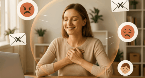 Femme assise à son bureau dans un bureau lumineux, protégée par une bulle symbolisant la gestion des émotions tandis que des icônes représentant colère et fatigue restent à l’extérieur.