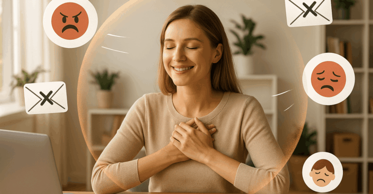 Femme assise à son bureau dans un bureau lumineux, protégée par une bulle symbolisant la gestion des émotions tandis que des icônes représentant colère et fatigue restent à l’extérieur.