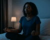 Femme méditant la nuit dans une chambre calme pour favoriser l’endormissement et le lâcher prise