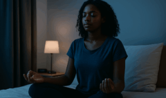 Femme méditant la nuit dans une chambre calme pour favoriser l’endormissement et le lâcher prise