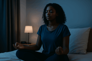 Femme méditant la nuit dans une chambre calme pour favoriser l’endormissement et le lâcher prise