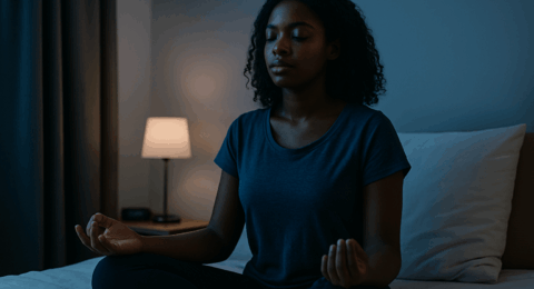Femme méditant la nuit dans une chambre calme pour favoriser l’endormissement et le lâcher prise