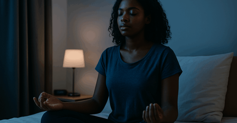 Femme méditant la nuit dans une chambre calme pour favoriser l’endormissement et le lâcher prise