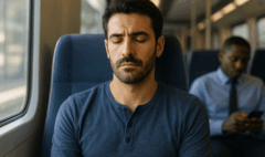 Homme assis dans les transports en commun, regard fatigué et traits tirés, illustrant une grande fatigue persistante.