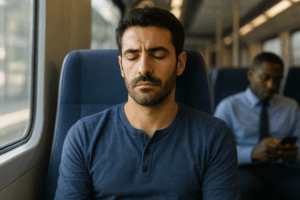 Homme assis dans les transports en commun, regard fatigué et traits tirés, illustrant une grande fatigue persistante.