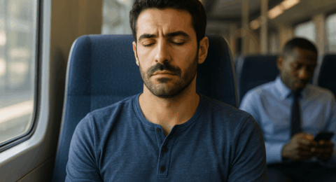 Homme assis dans les transports en commun, regard fatigué et traits tirés, illustrant une grande fatigue persistante.