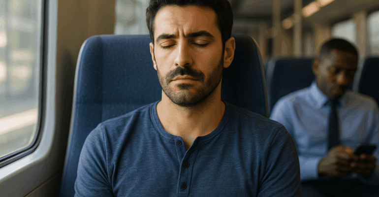 Homme assis dans les transports en commun, regard fatigué et traits tirés, illustrant une grande fatigue persistante.